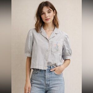 Zara Light Gray Blouse with Floral Embroidery